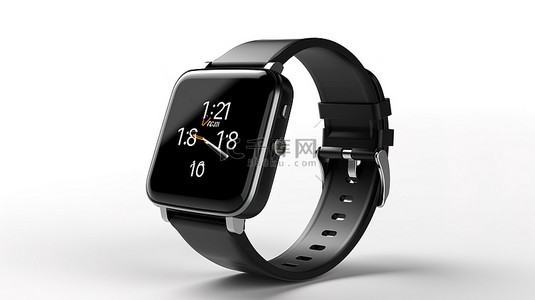 手表背景图片_时尚的黑色智能手表和表带模型，带有空白屏幕，用于在白色背景 3D 渲染上拍摄定制设计特写镜头