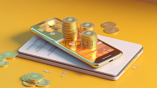 移动数字支付 3D 渲染钱币和收据在手机屏幕上的卡通风格插图