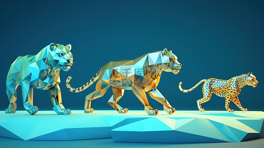 各种钻石生物冲刺猎豹以及低聚 3D 动画中自然与动物的和谐