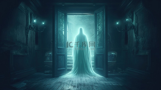 荒凉鬼屋内部发光的门户中的怪异幽灵 3D 数字恐怖插图