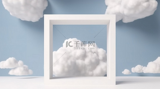 悬浮概念 3D 渲染蓬松的云在极简主义的内部框架中翱翔