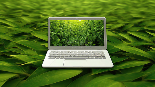 绿叶桌面背景图片_充满活力的绿叶背景 3d 渲染上的当代笔记本电脑