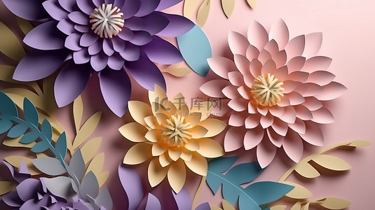彩色横幅模板背景图片_现代装饰壁纸抽象3D花剪纸插画