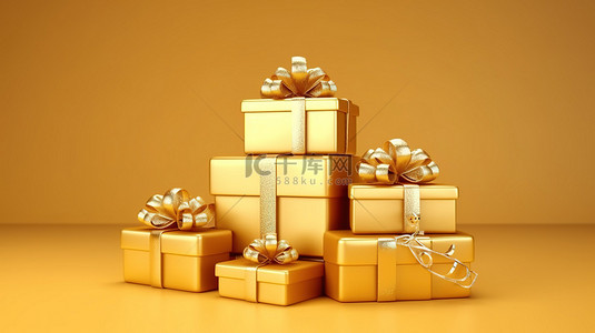 闪闪发光的金色礼品盒 3D 渲染圣诞新年和生日