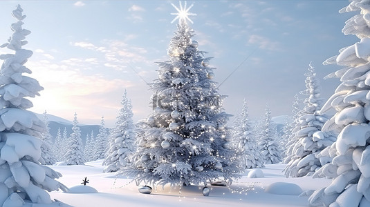 垂直积雪覆盖的圣诞树，带有 3D 冬季装饰，非常适合节日快乐