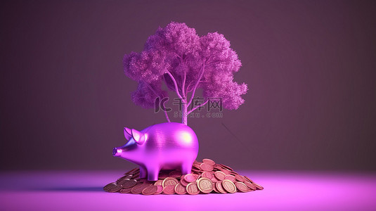 金钱管理背景图片_财富增长 3d 商业小猪和金钱树中的紫色硬币