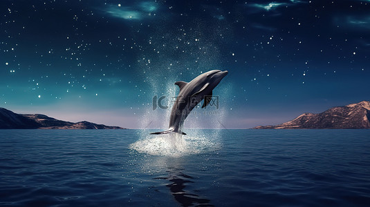 飞鱼和鸟背景图片_月球翱翔 海豚在巨大月亮前跳跃的 3D 表现