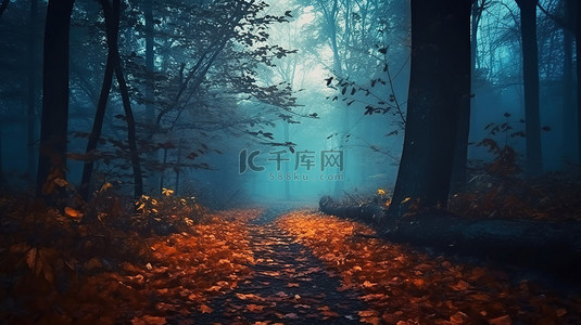 雾蒙蒙的秋季森林黄昏中小道的数字 3D 插图，落叶覆盖地面