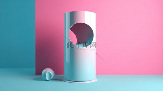 粉色背景抽象最小艺术中的几何超现实主义蓝色圆柱体和白色腿