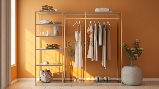 别致的小衣柜旁边是玻璃隔板装饰金色架子和口音 3D 渲染