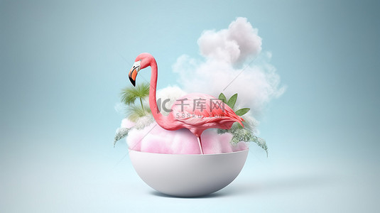 火烈鸟漂浮飞入夏季与卡通烟雾 3D 插图概念