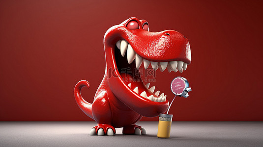 搞笑的 3D 红色恐龙，手里有一颗巨大的牙齿