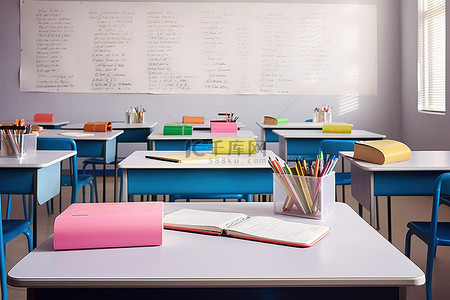 笔的背景图片_带白板和笔的科学教室课桌