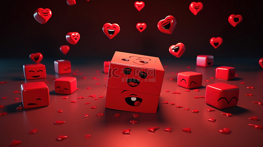 带有温馨表情符号的红色礼盒的爱情主题 3D 渲染