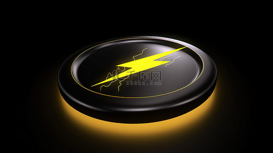 黑色智能手机充电图标的 3D 渲染，黑色背景上带有黄色闪电