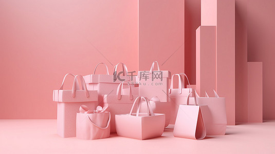 情人节粉背景图片_粉红色礼品盒和购物袋 3D 渲染在柔和的背景上，适合情人节销售简约风格