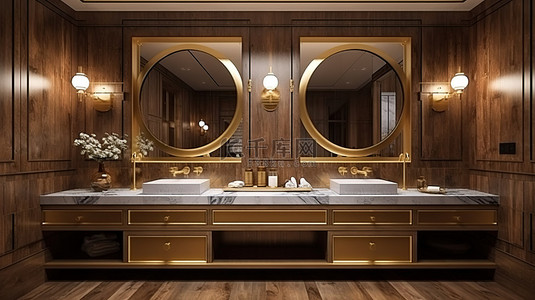 用黄铜和木头元素设计的浴室和洗手间的虚拟描绘