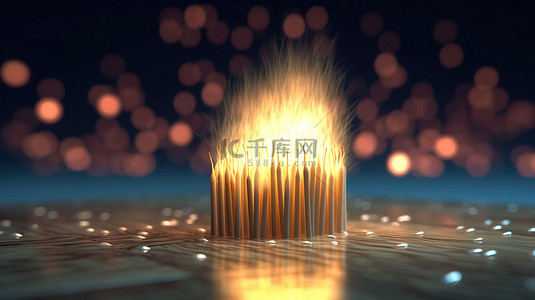 点燃的火柴的 3D 渲染准备引发连锁反应