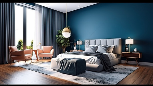 现代卧室配有深蓝色墙壁，对比浅色家具和通过 3D 渲染创建的舒适棕色椅子
