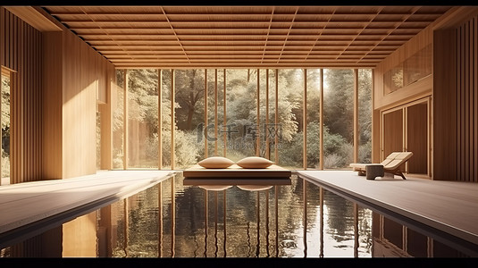 宁静的日本酒店内部的 3D 渲染，具有最小的设计和休闲区