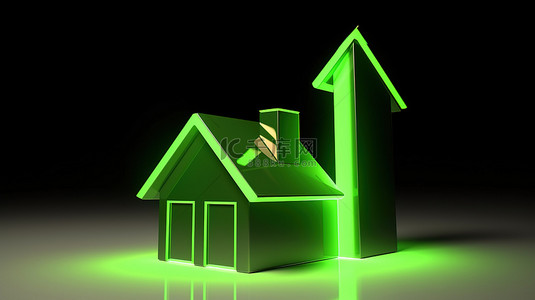 蓬勃发展的房地产企业与向上的绿色箭头 3d 视觉
