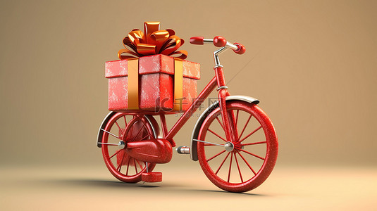 卡通圣诞树礼物背景图片_带有礼物的滑稽自行车以 3D 插图庆祝节日