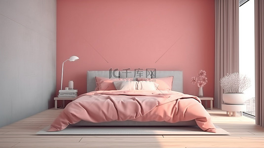 粉红色抱枕背景图片_粉红色床罩的 3D 渲染，装饰着舒适的卧室，配有枕头和床