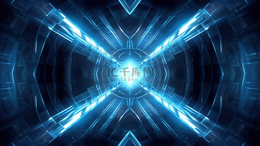 发光隧道背景图片_带有对称 3D 插图的照明蓝色万花筒隧道
