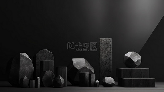 矿物岩石背景图片_黑色几何石背景上带有矿物产品的展示架的 3D 渲染