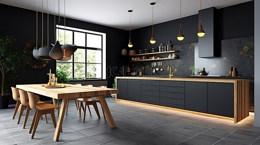黑色瓷砖的斯堪的纳维亚厨房以 3D 精美呈现