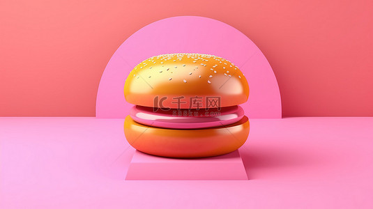 3d 粉红色芝士汉堡，采用简约设计，以粉红色背景渲染图像为背景