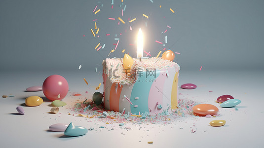 蛋糕生日蜡烛背景图片_柔和的生日派对横幅，带有蛋糕蜡烛的 3D 渲染和来自派对波普尔的弹出五彩纸屑