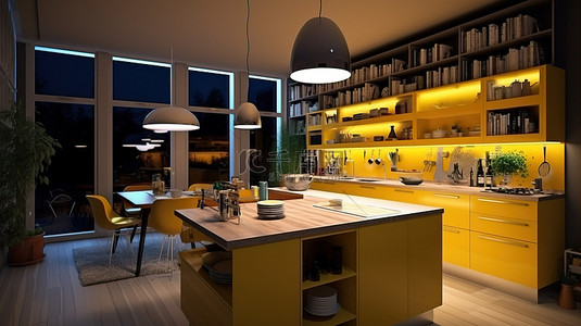 现代家居设计，以充满活力的黄色厨房为特色，配有雅致的夜间照明和 3D 渲染技术