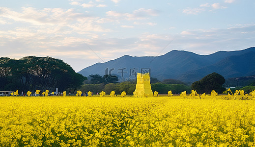 花田ppt背景图片_一片黄色的花田和远处的山脉