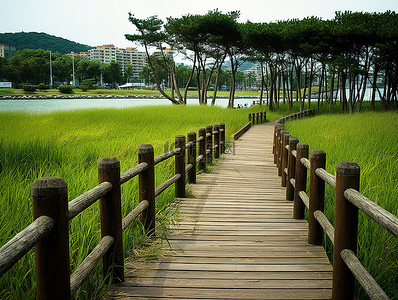 一条木制走道通向公园中央的大片草地