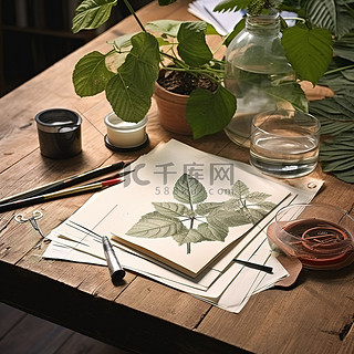 植物附近桌子上的画纸和书籍