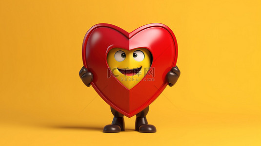 医疗健康爱心背景图片_3D 渲染红心吉祥物，金属屏蔽设置在充满活力的黄色背景下