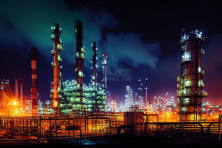 园区背景图片_工业炼油厂的光芒在夜间被灯光和烟雾照亮