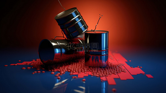 跌倒背景图片_通过 3D 渲染的红色图蓝色喷嘴和黑色桶可视化油价下跌