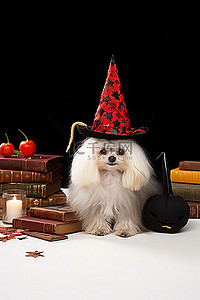 一只小狗坐在书和女巫的帽子旁边