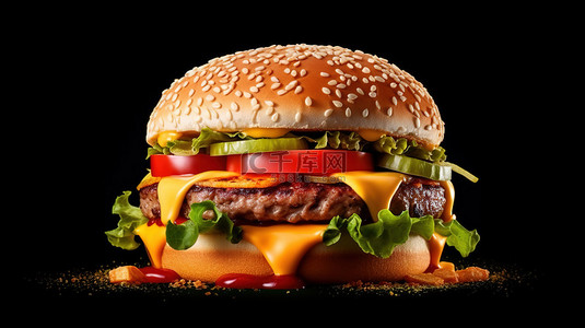 堡快餐背景图片_3D 渲染汉堡令人垂涎的肉奶酪和番茄快餐风格的组合