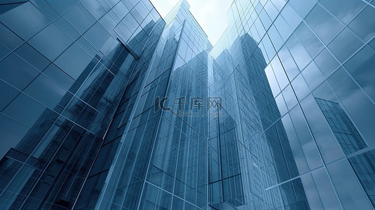 未来派摩天大楼玻璃办公楼 3D 渲染的抽象建筑