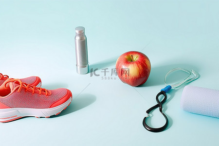一些健身器材和一个苹果