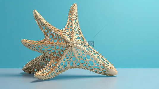 3D 渲染的海星雕塑在柔和的蓝色象牙色背景下闪烁着金色的色调