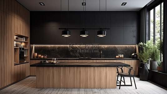 精美呈现的木质厨房，配有引人注目的黑色瓷砖元素
