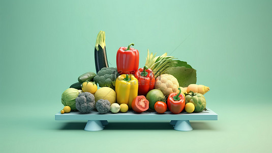 平衡健康和健身哑铃和新鲜蔬菜在秤上 3D 渲染概念与文本空间