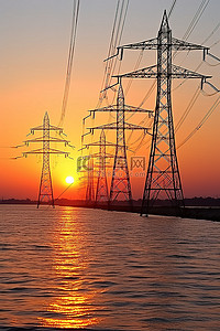 电塔背景图片_中海水域附近的日落和电塔