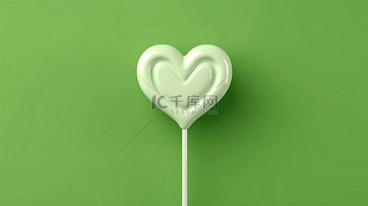简约情人节概念令人惊叹的绿色背景下白色心形糖果棒棒糖的 3D 渲染