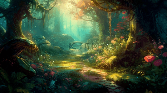 神秘森林卡通背景图片_大树阳光小花神秘森林背景