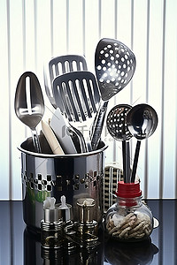 厨房用具不锈钢背景图片_配有许多工具的不锈钢厨房套装